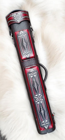 Volturi Brogue ll Genuine Leather Hand Tooled Leather Cue Case Black/Red Sting Ray Accents 4x8