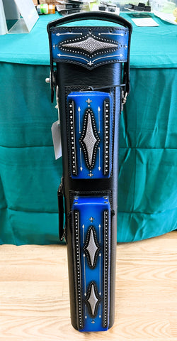 Volturi Brogue 1 Genuine Leather Hand Tooled Leather Cue Case Black/Blue Sting Ray Accents 4x8