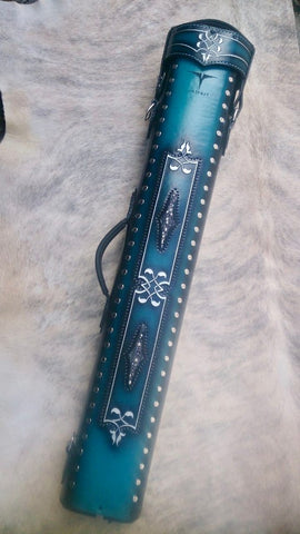 Volturi Brogue ll Genuine Leather Hand Tooled Leather Cue Case Black/Light Blue Sting Ray Accents 4x8